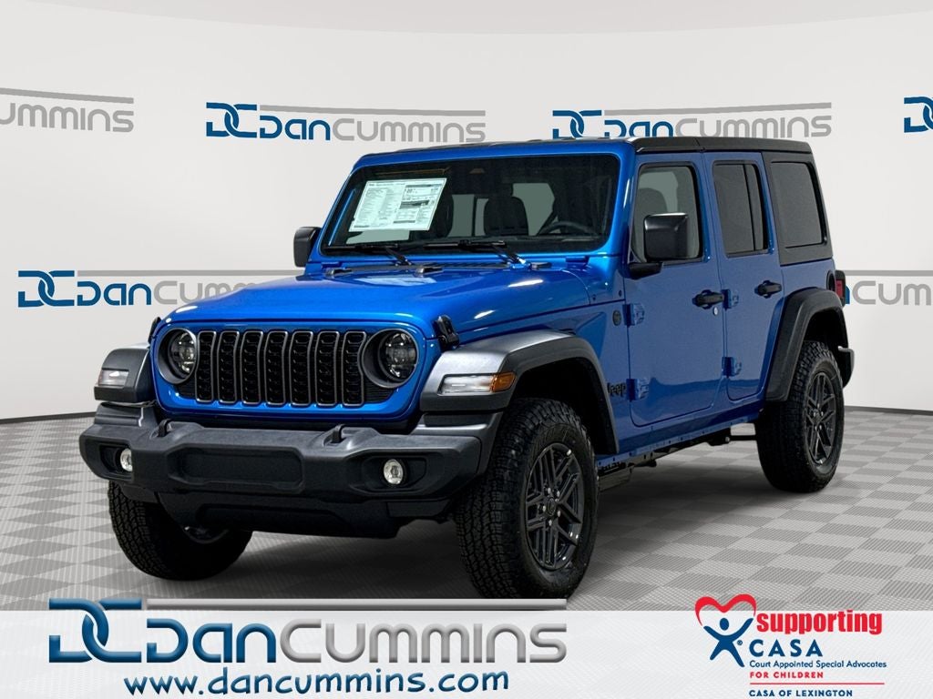 2026 Jeep Wrangler Sport S in Hydro Blue Pearl-Coat Exterior Paint — front three-quarter view