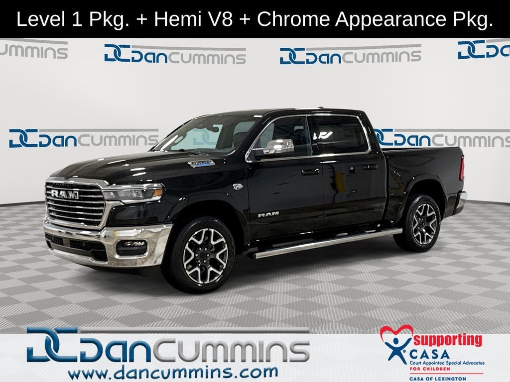 2026 RAM 1500 Laramie in Diamond Black Crystal Pearl-Coat Exterior Paint — front three-quarter view