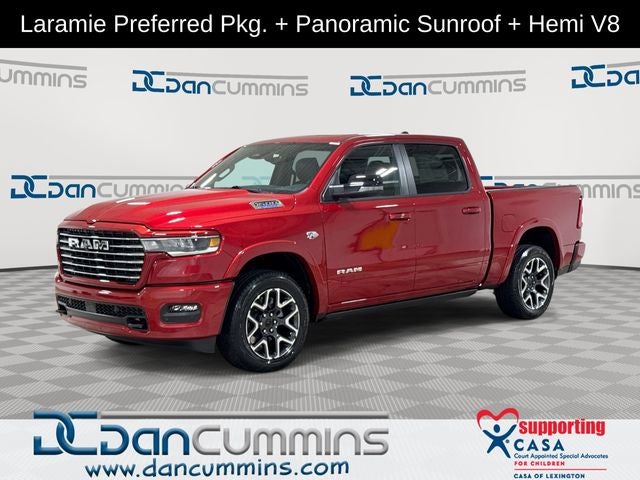 2026 RAM 1500 Laramie in Molten Red Pearl-Coat Exterior Paint — front three-quarter view