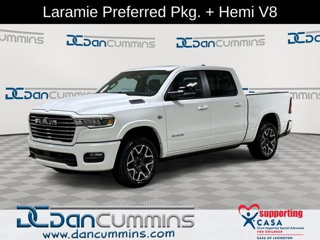 2026 RAM 1500 Laramie in Bright White Clear-Coat Exterior Paint — front three-quarter view