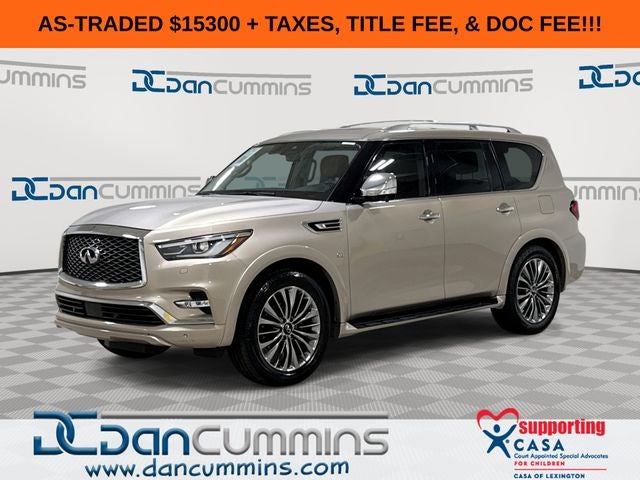 2019 INFINITI QX80 LUXE in Champagne Quartz — front three-quarter view