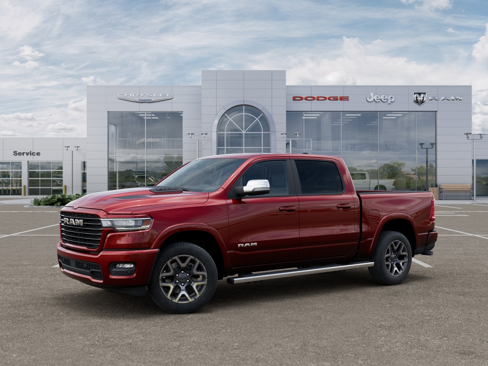 2025 RAM 1500 Laramie in Delmonico Red Pearl-Coat Exterior Paint — front three-quarter view