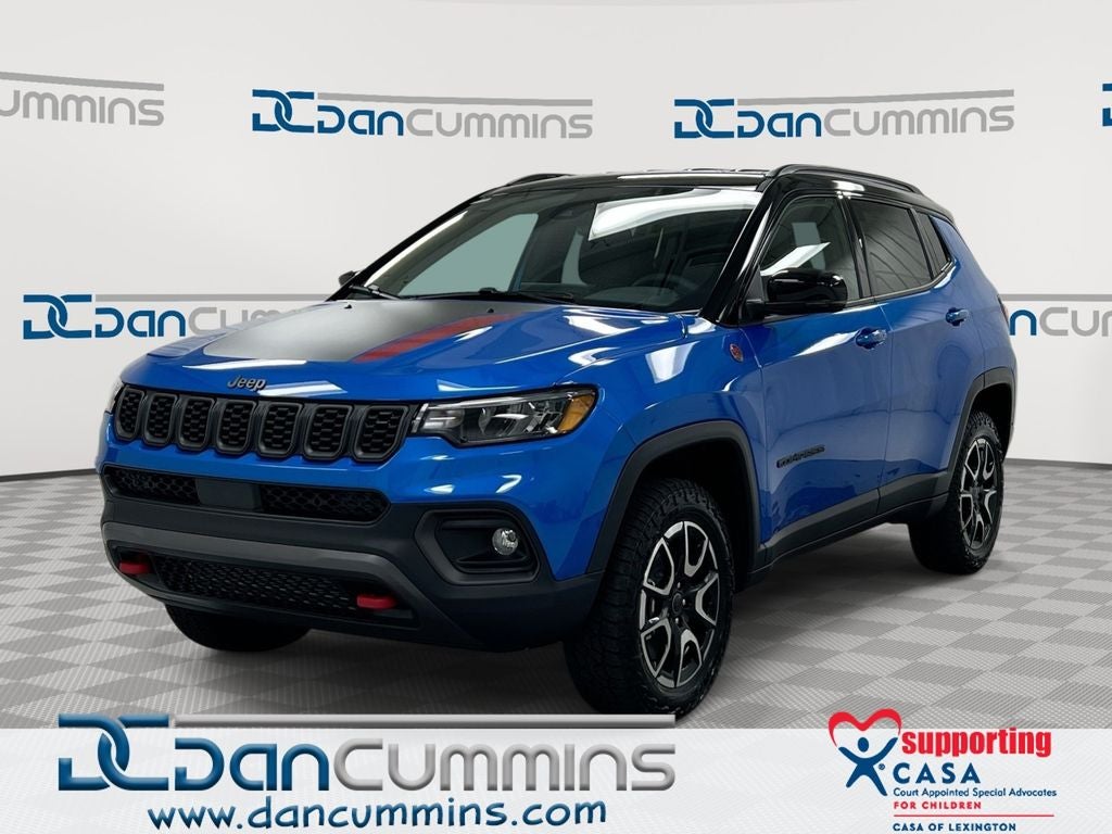 2026 Jeep Compass Trailhawk in Hydro Blue Pearl-Coat Exterior Paint — front three-quarter view