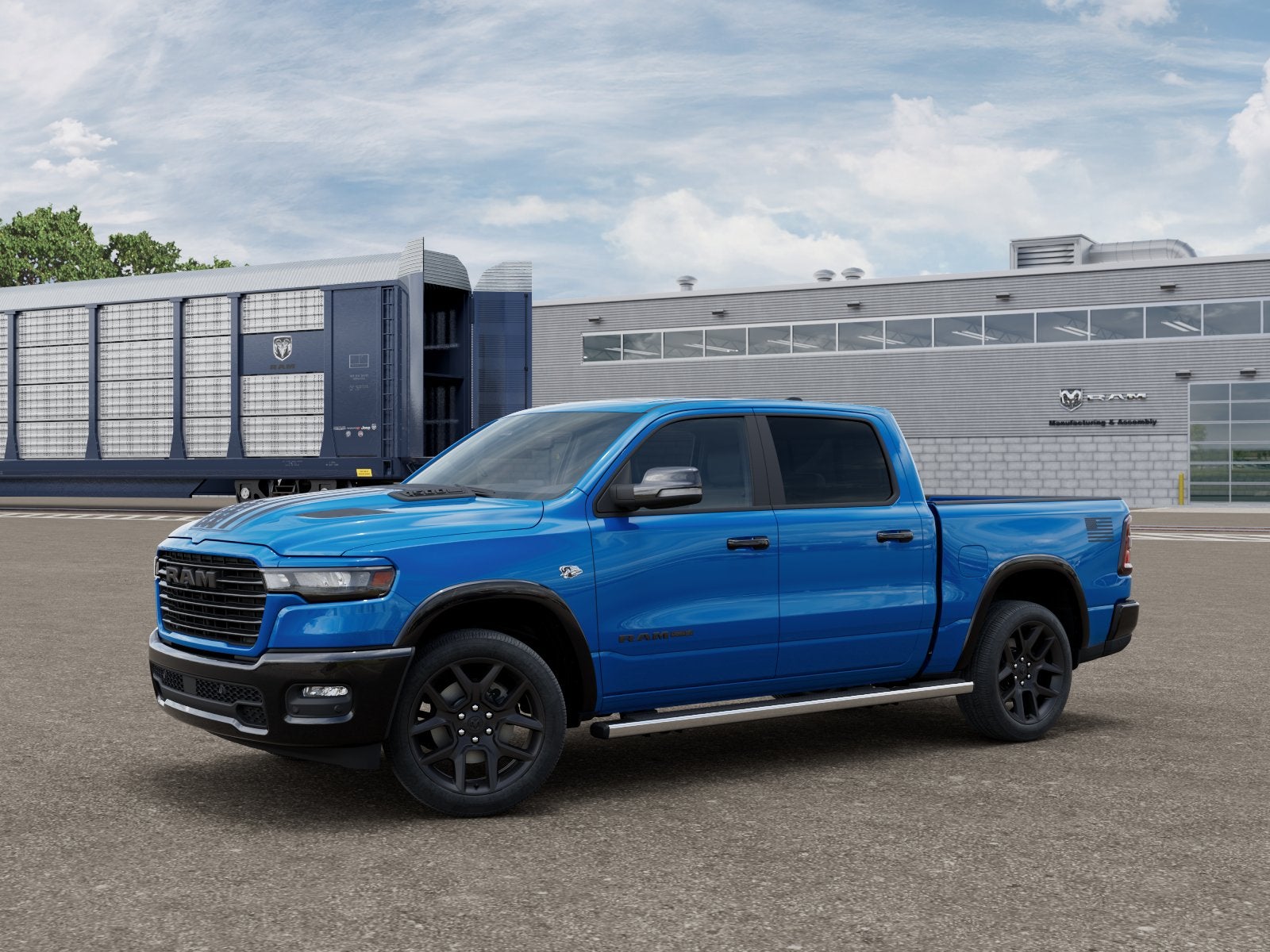 2026 RAM 1500 Laramie in Hydro Blue Pearl-Coat Exterior Paint — front three-quarter view