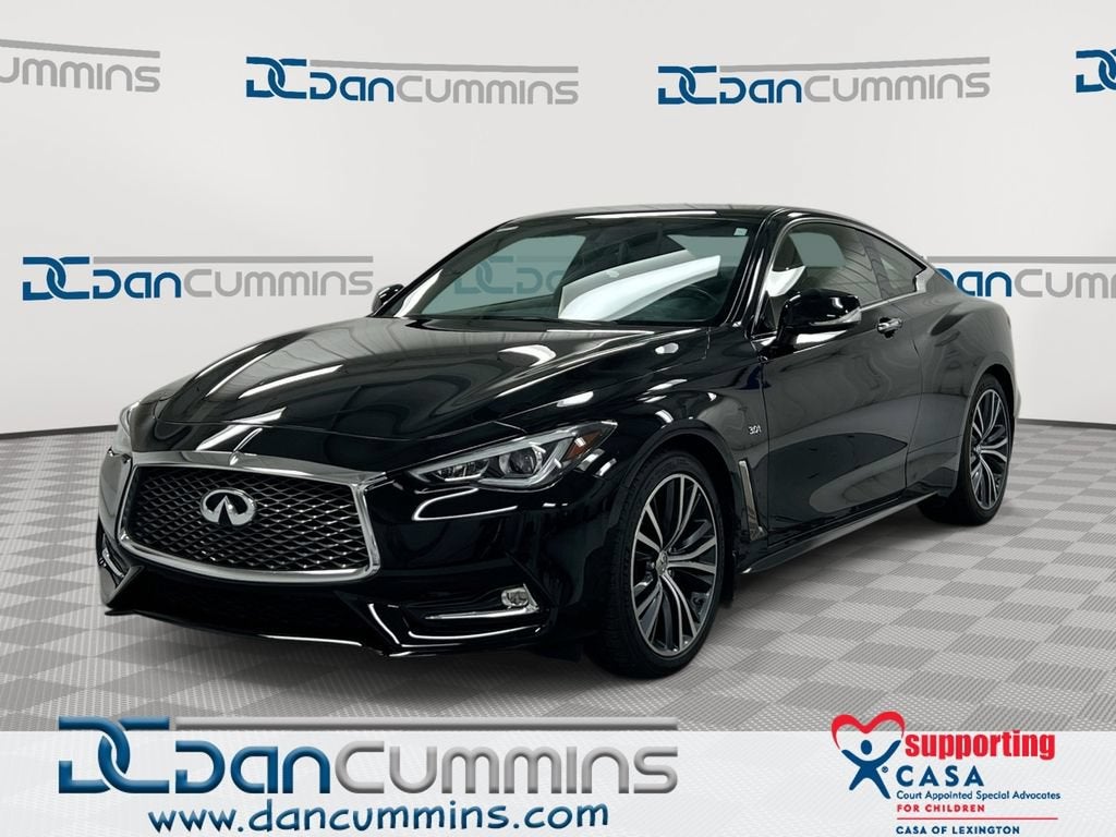 2018 INFINITI Q60 3.0t LUXE in Black — front three-quarter view